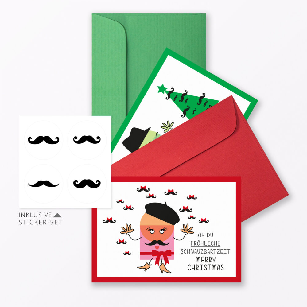 Teiliges Set Weihnachtskarten Quot Schnauzbartzeit Quot Klappkarten Din A Inkl Umschl Ge Amp Sticker Set